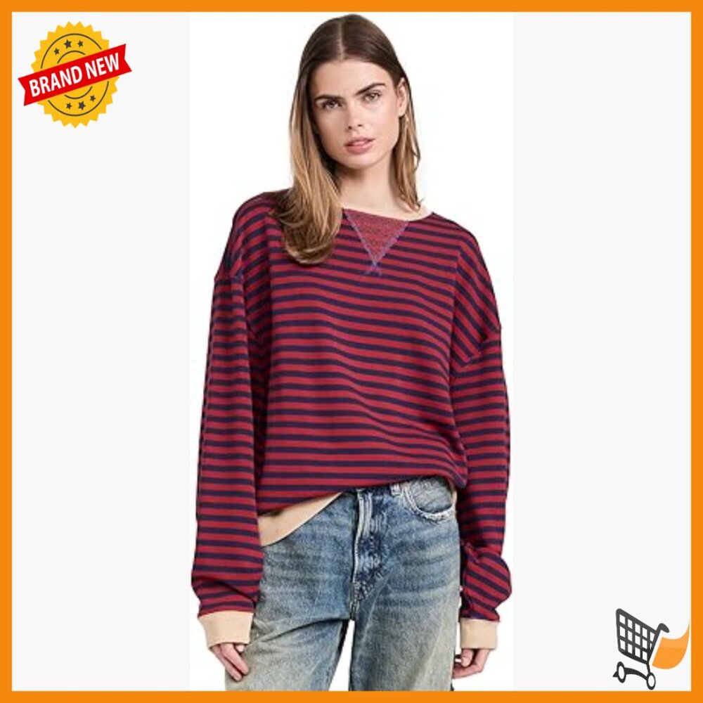 Oversized Cotton Striped Crewneck Sweatshirt Relaxed Fit Long Sleeve